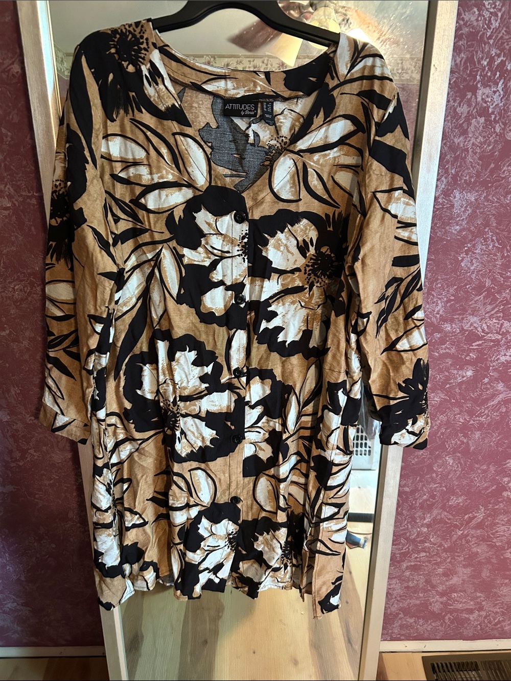 Attitudes by Renee Black, Tan & Cream Floral Button-Front dress